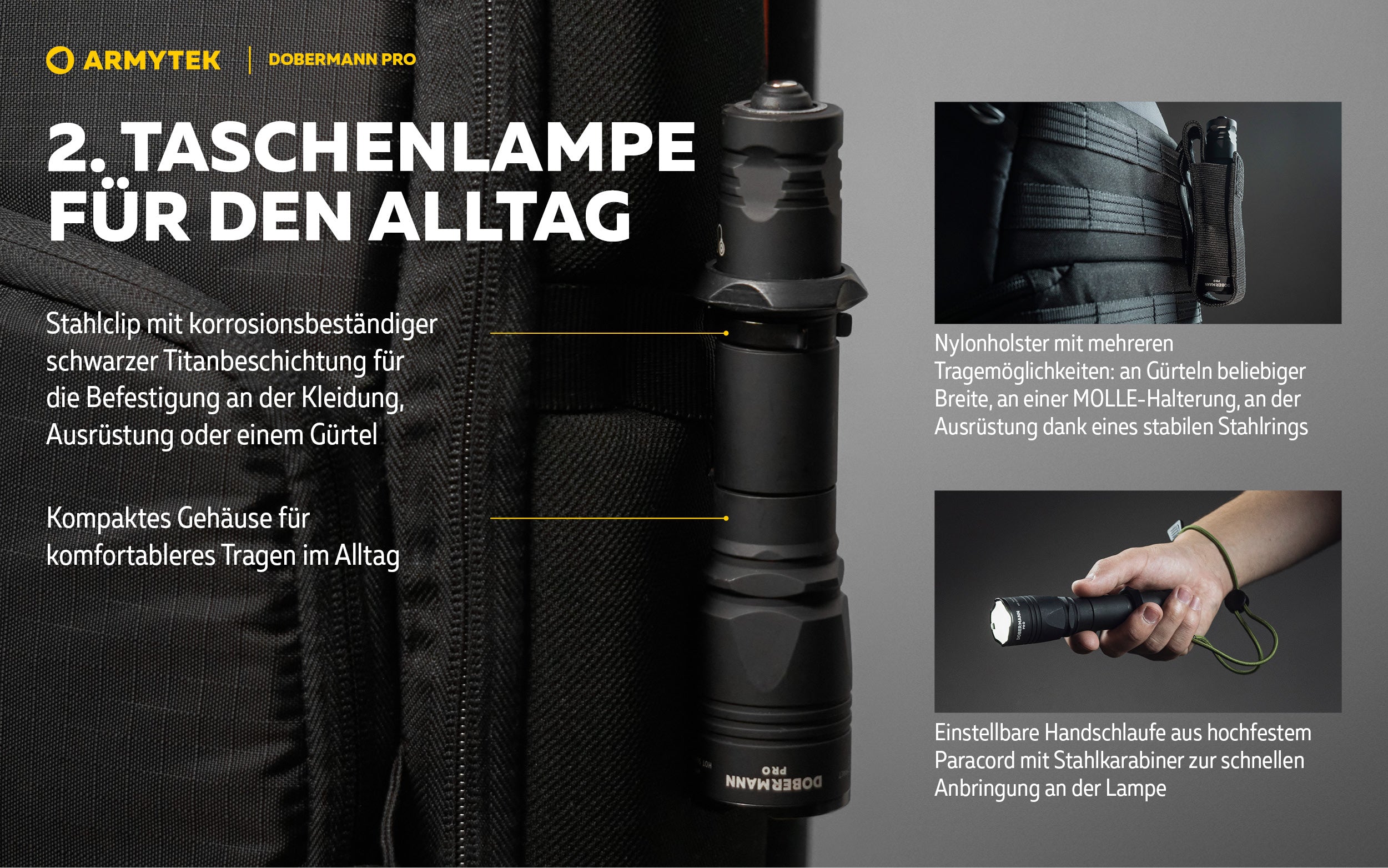 ARMYTEK Dobermann Pro – Kompakte 2-in-1 Taktische Taschenlampe mit Magnetischer Ladefunktion