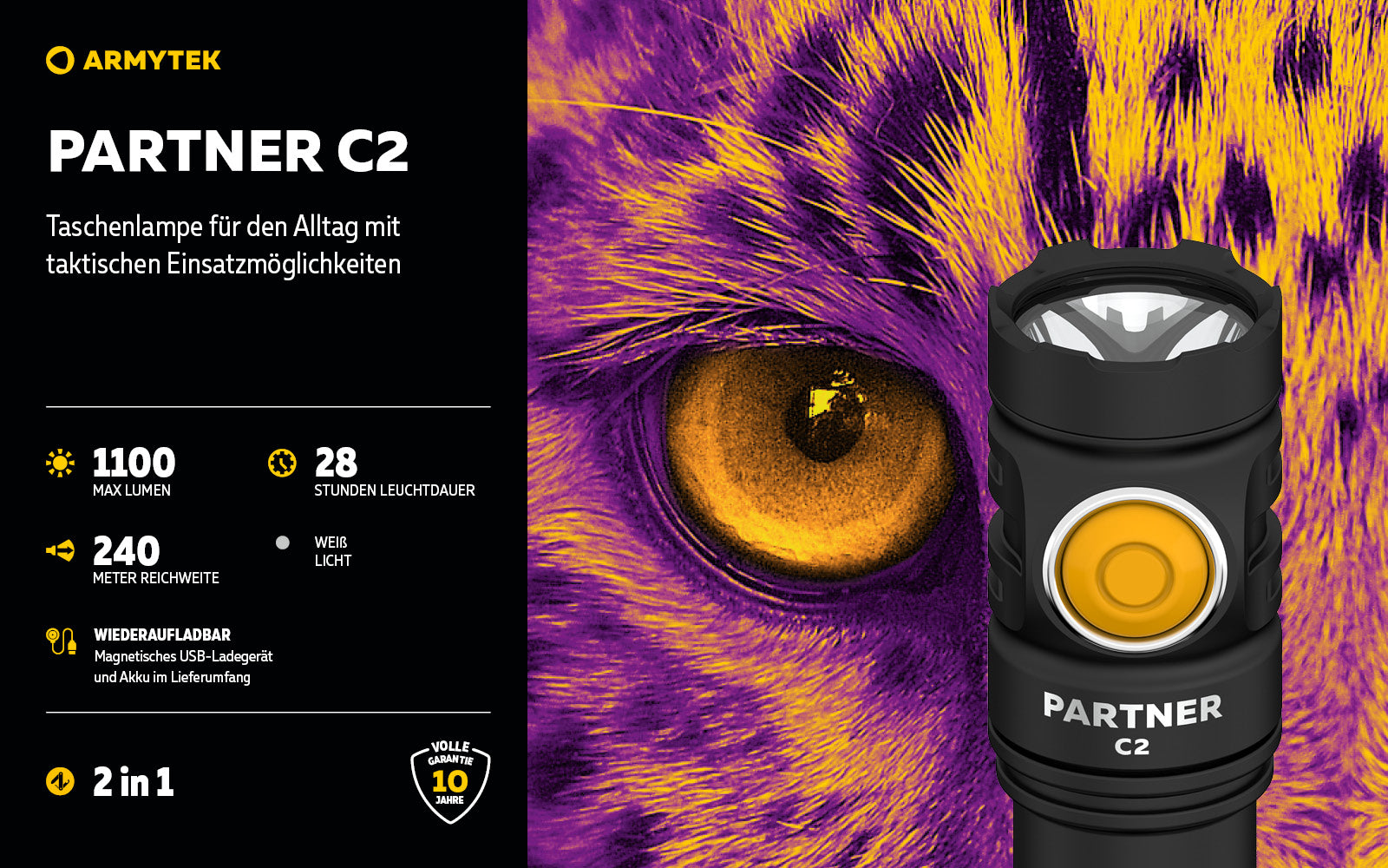 ARMYTEK Partner C2 Magnet USB – Taktische & EDC Taschenlampe mit magnetischer Ladefunktion