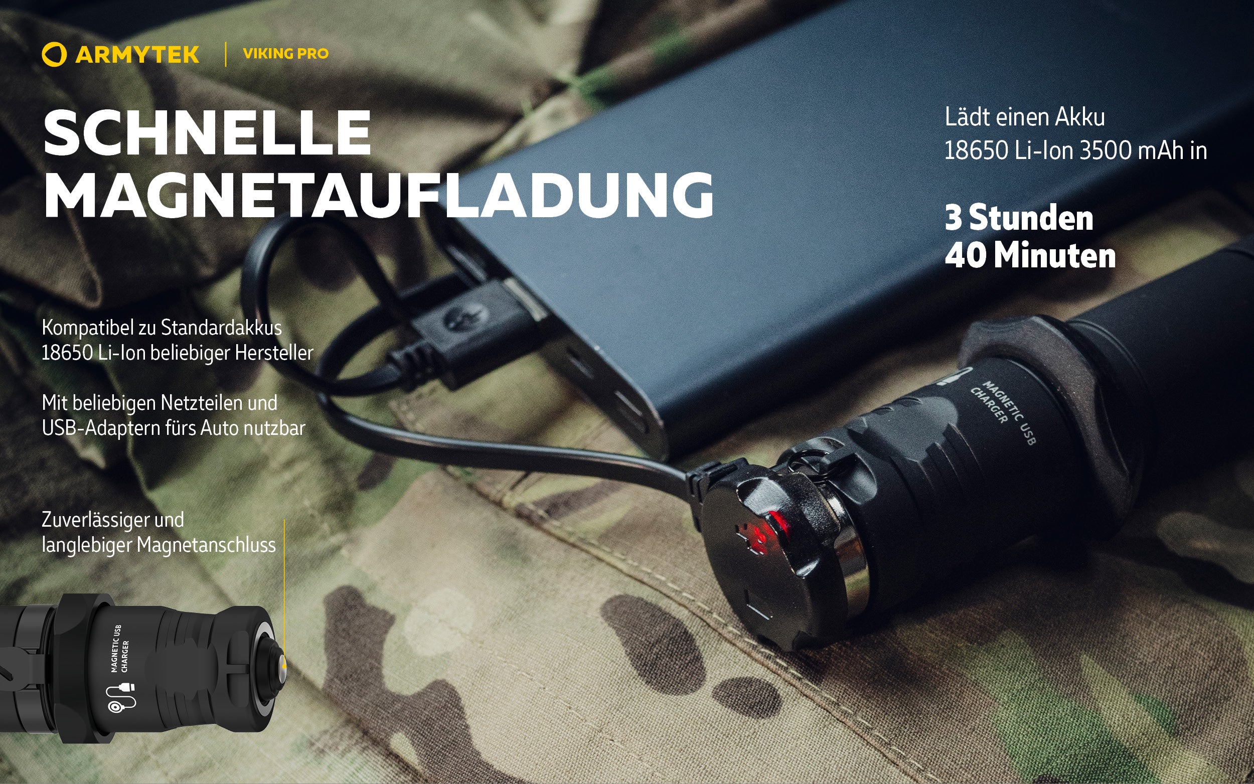 ARMYTEK Viking Pro Magnet USB – Leistungsstarke Taktische Taschenlampe mit Weitwinkel-Beleuchtung