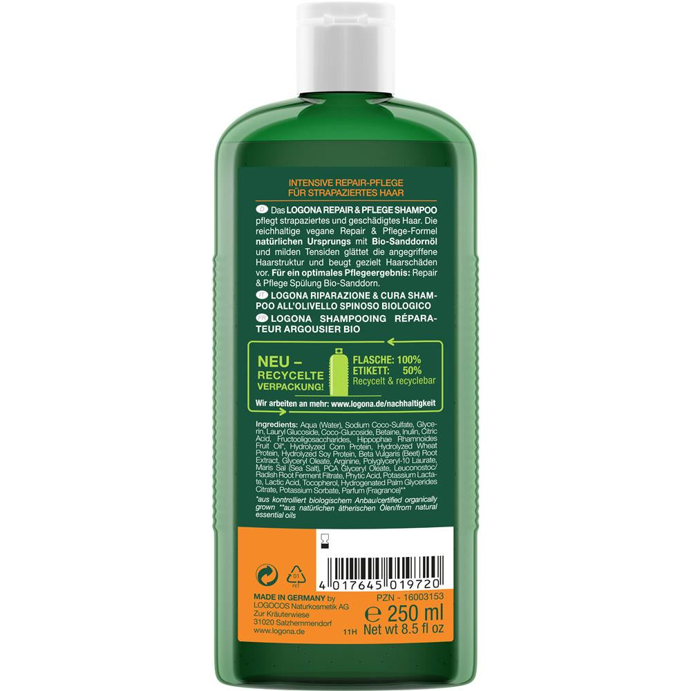Logona Sanddorn Repair & Pflege Shampoo – Regeneration für strapaziertes Haar, 250 ml