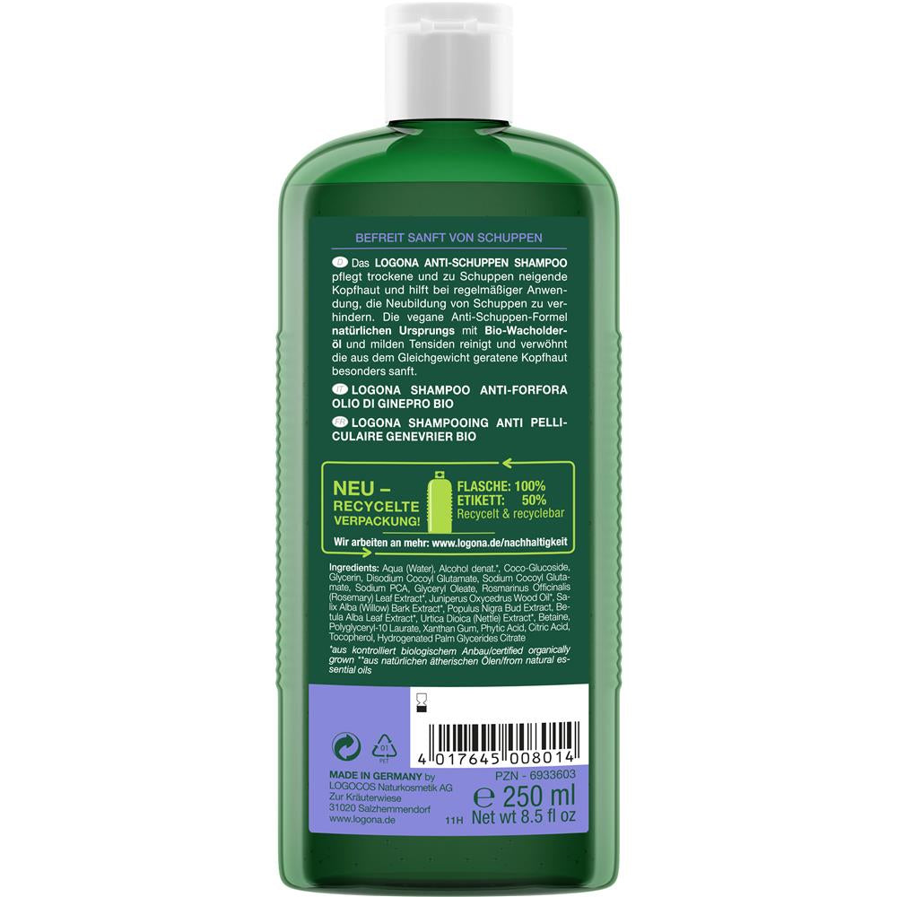Logona Anti-Schuppen Shampoo mit Bio-Wacholderöl – Sanfte Reinigung & langanhaltender Schutz, 250 ml