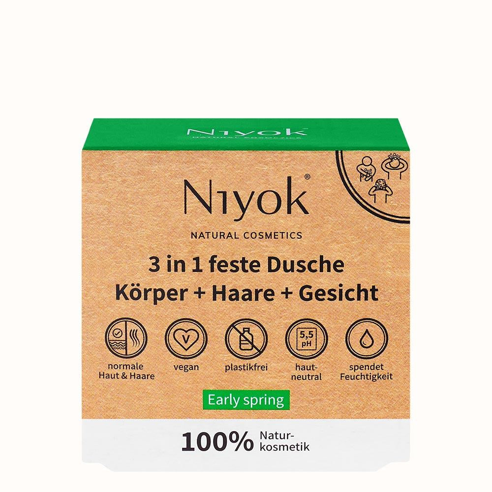 Niyok Feste Dusche 3in1 – Körper, Haare, Gesicht, Early Spring, 80 g