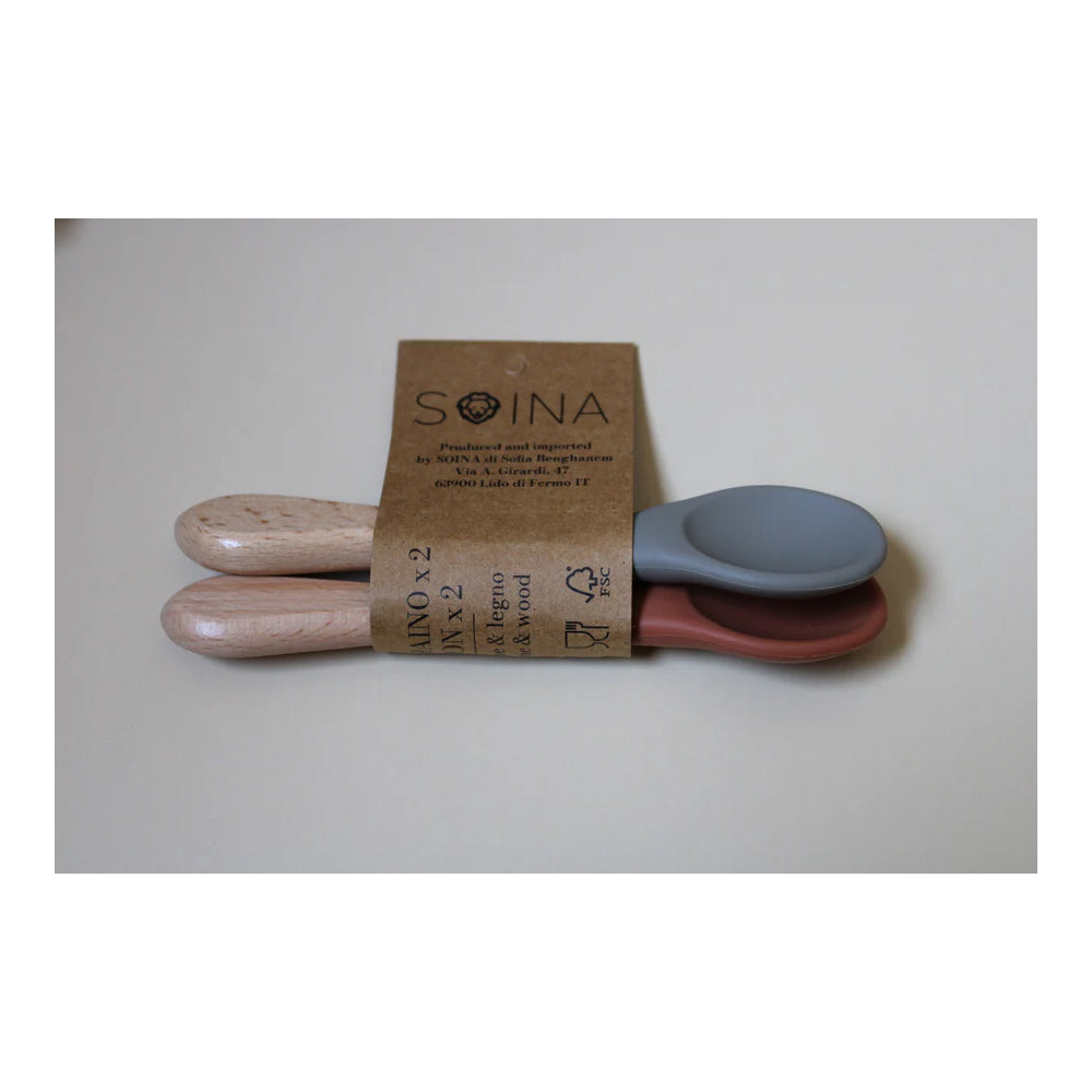 SOINA Silikonlöffelset mit Bambusgriff – Sanft & Sicher für Babys, 2er-Set (Camel/Salbei)