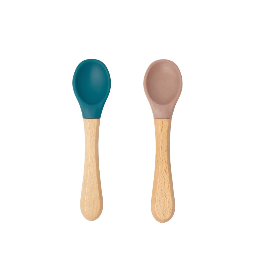 SOINA Silikonlöffelset mit Bambusgriff – Sanft & Sicher für Babys, 2er-Set (Midnight Blue/Taupe)