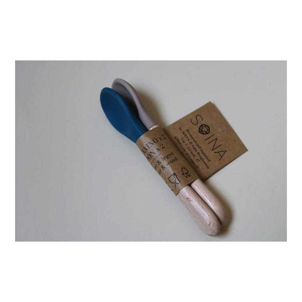 SOINA Silikonlöffelset mit Bambusgriff – Sanft & Sicher für Babys, 2er-Set (Midnight Blue/Taupe)