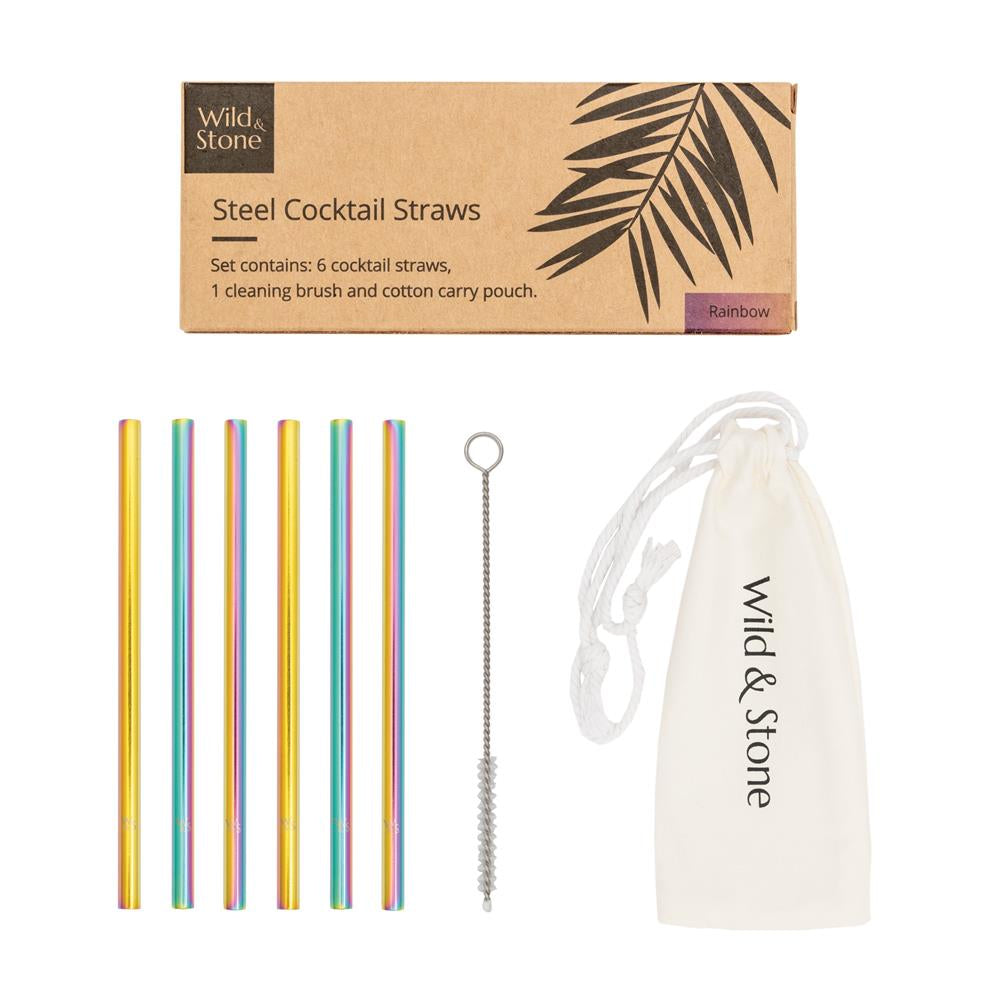 Wild & Stone Cocktail Trinkhalme aus Edelstahl, wiederverwendbar, regenbogenfarben, 6er-Pack