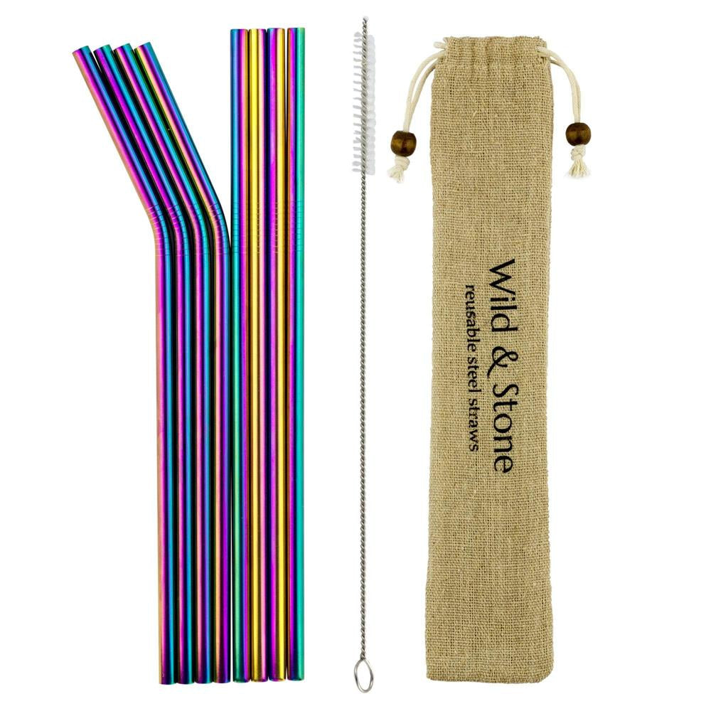 Wild & Stone Trinkhalme aus Edelstahl – Wiederverwendbar, Regenbogenfarben, 8er Pack