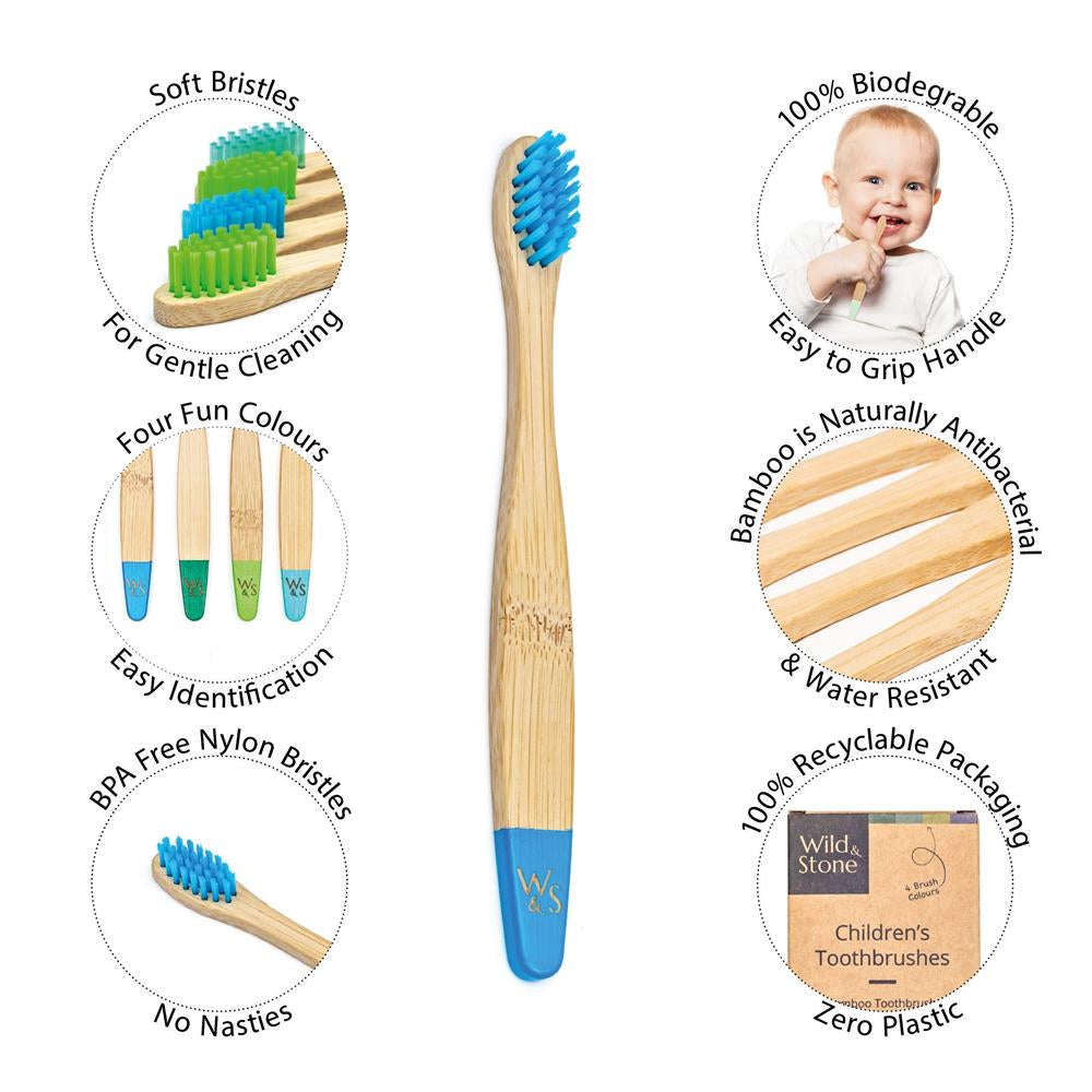 Wild & Stone Kinder Bambus Zahnbürsten, soft, aqua, 4er Pack