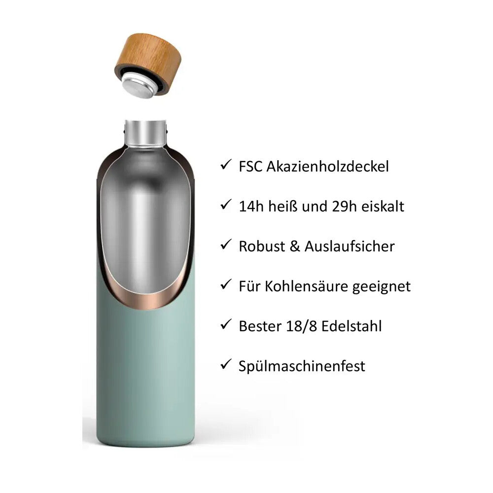 Trinkflasche Edelstahl Wood Edition, 1000 ml, Sky Blue