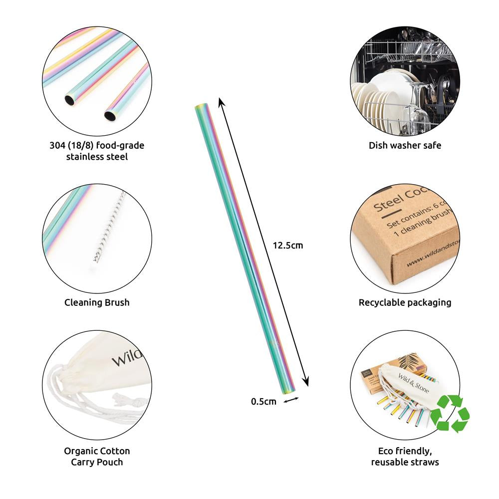 Wild & Stone Cocktail Trinkhalme aus Edelstahl, wiederverwendbar, regenbogenfarben, 6er-Pack